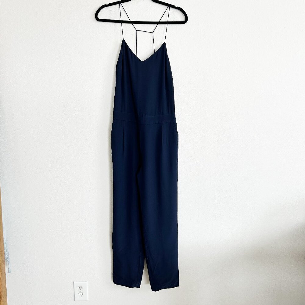 NWT J Crew Jumpsuit Navy Blue 100% Silk Spaghetti Strap Straight Leg